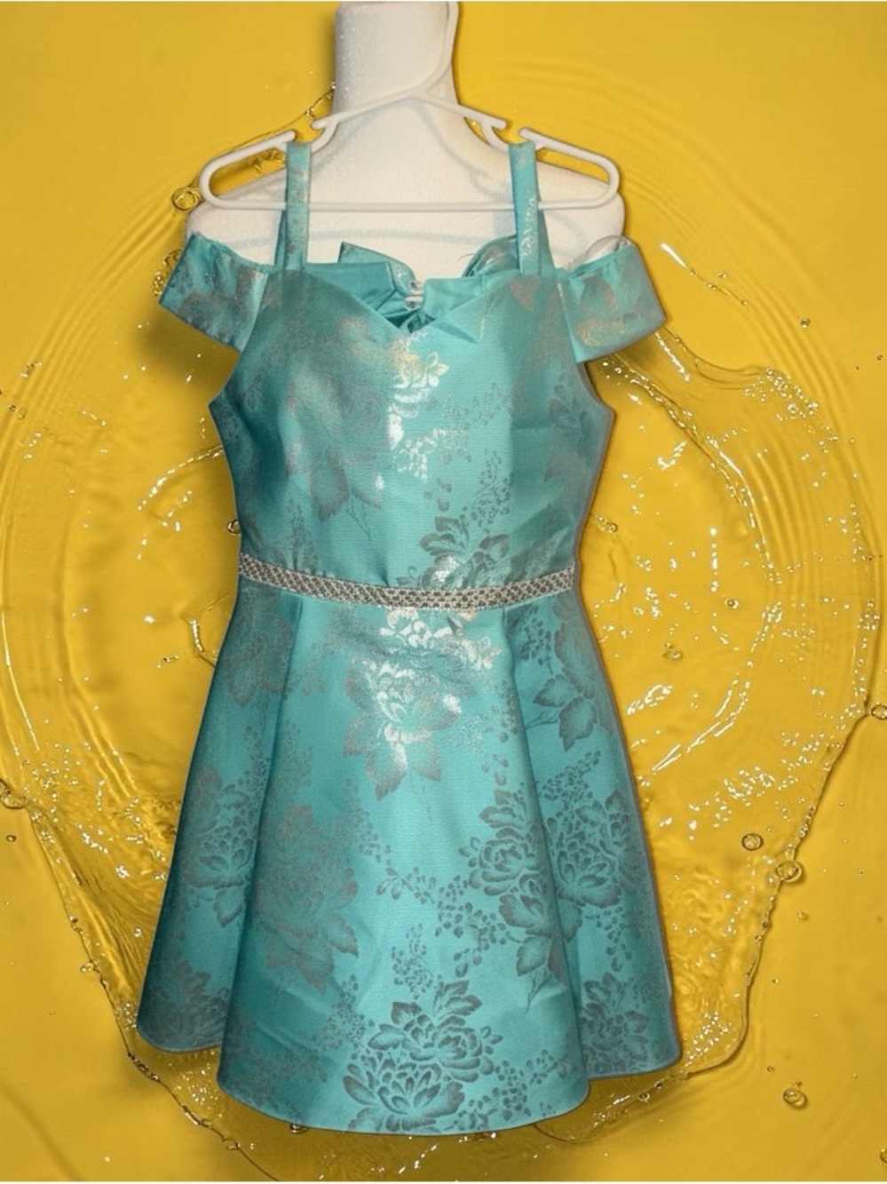Rare Editions Teal Floral Off-Shoulder Party Dress